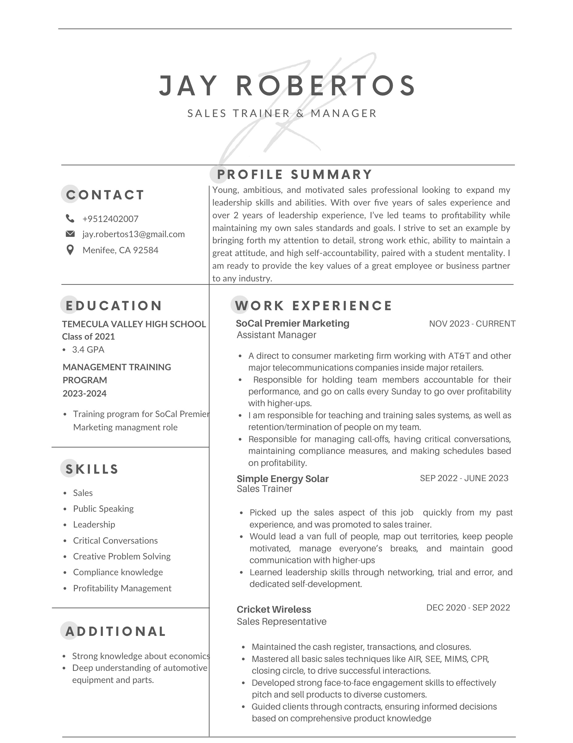 Resume of Jay Robertos